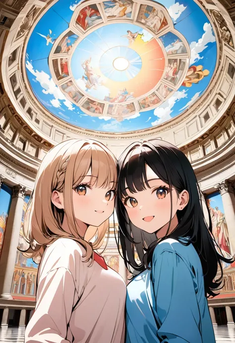 (masterpiece, best quality:1.1), pop-art style, medium flat color,(two girls),cute,detailed face,(tween),nice trip,(Sistine Chapel,vatican city),Italy, beautiful detailed scenery, beautiful lighting,very happy,dynamic pose,photographic portrait, sharp,Illu...