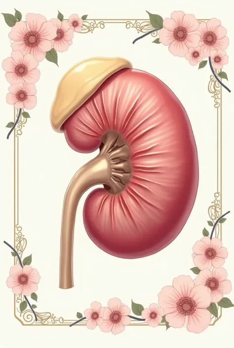 "Detailed illustration of a single human kidney, clearly showing the adrenal gland on top. The image should combine anatomical accuracy with a coquette style: use soft pastel colors with delicate details like small flowers and lace patterns around the kidn...