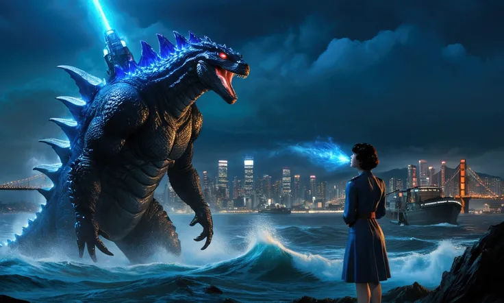 Godzilla has become infatuated with a (very feminized) Gypsy Danger from Pacific rim. Godzilla is offering Gypsy a dead squid off the coast of Neo tokyo at night. Gypsy is blushing
