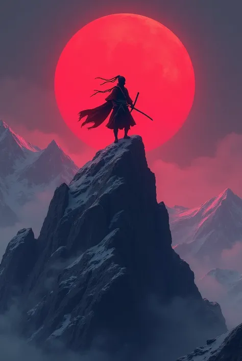 Tiny Ninja samurai, standing, showing ninja moves,top of the mountain,red large moon behind the mountain,purple black sky,not closed to screen , 