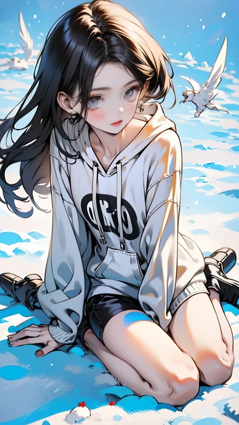 a girl,fourteen years old ,brown long hair,white skin,wearing an oversized hoodie,white mini short pants,sport white socks,very thin legs,skinny legs,slim,skinny,kneeling on the snow