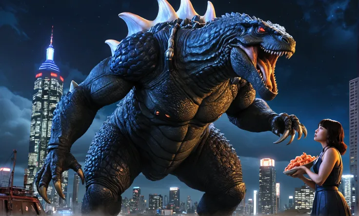 A giant, muscular Godzilla, detailed scales and claws, offering a dead, slimy squid to a feminine, curvy Gypsy Danger Jaeger from Pacific Rim, blushing and holding the squid, night sky over Neo Tokyo in the background, ultra-detailed, realistic, photoreali...