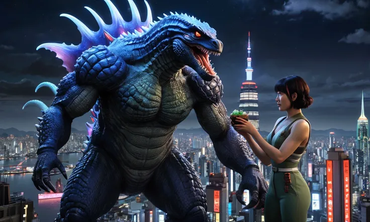 A giant, muscular Godzilla, detailed scales and claws, offering a dead, slimy squid to a feminine, curvy Gypsy Danger Jaeger from Pacific Rim, blushing and holding the squid, night sky over Neo Tokyo in the background, ultra-detailed, realistic, photoreali...