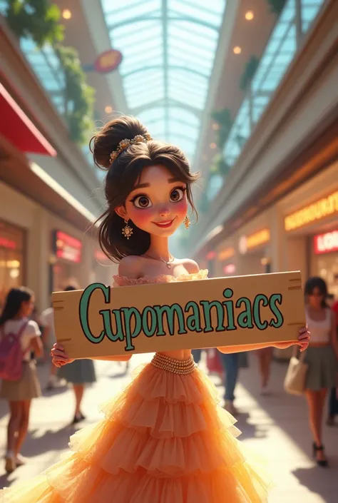 Create a fun image of a beautiful Disney Pixar woman holding a large sign that says " CUPOMANIACS" and inside a shopping mall 