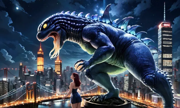 A giant, muscular Godzilla, detailed scales and claws, offering a dead, slimy squid to a feminine, curvy Gypsy Danger Jaeger from Pacific Rim, blushing and holding the squid, night sky over Neo Tokyo in the background, ultra-detailed, realistic, photoreali...