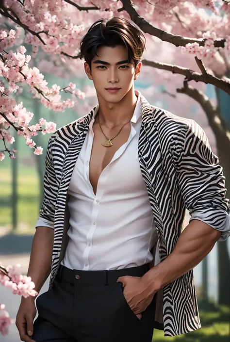 (absurdres, highres, extremely detailed, Ultra High Definition, masterpiece), a tall handsome muscular young man with a strong physique with a serene expression stands beneath a canopy of cherry blossoms in full bloom, their pale pink petals drifting down ...