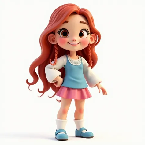 A captivating 3D rendered full body  illustration of a charming Chibi latin lady with long wavy red colored hair with thin braids, brown eyes and a cute smile. She is wearing a blue blouse with lace and white longsleeves and pink mini skirt, blue dollshoes...