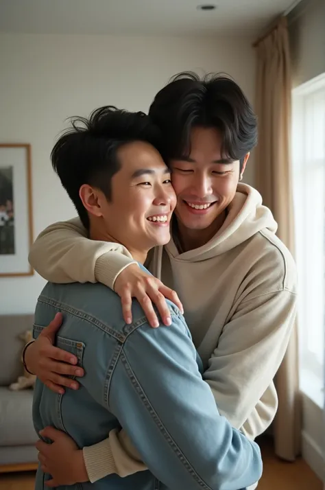 Creates image of two Koreans a man with a teenager in his arm they are super happy they are in the living room they are standing holding him in their arm