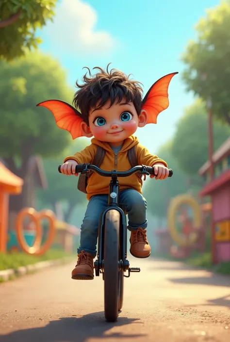 A bat kid driving a black bicycle in a kindergaden 
With a bag and blue eyes