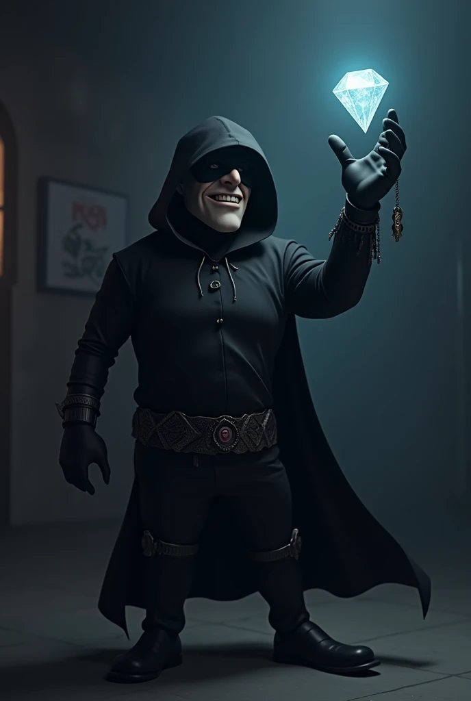 In cinematic 3D realistic cartoon style." The masked thief, wearing dark clothing and a sinister mask, holding the diamond triumphantly."