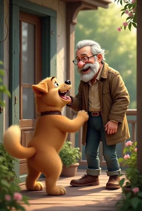 Picture of a big happy dog welcoming  an old grey bearded man