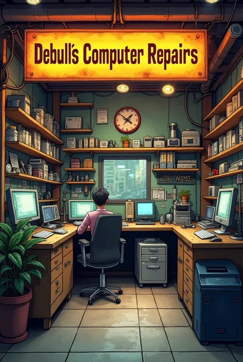 A computer repair workshop, with an inscription Debulls Computer Repairs
Also, listings the following contents: 
Anti-Virus Installation
All software installation
Broken/Inked laptop 💻 screen replacement
Hardware, software fix, plus all kinds of chargers a...