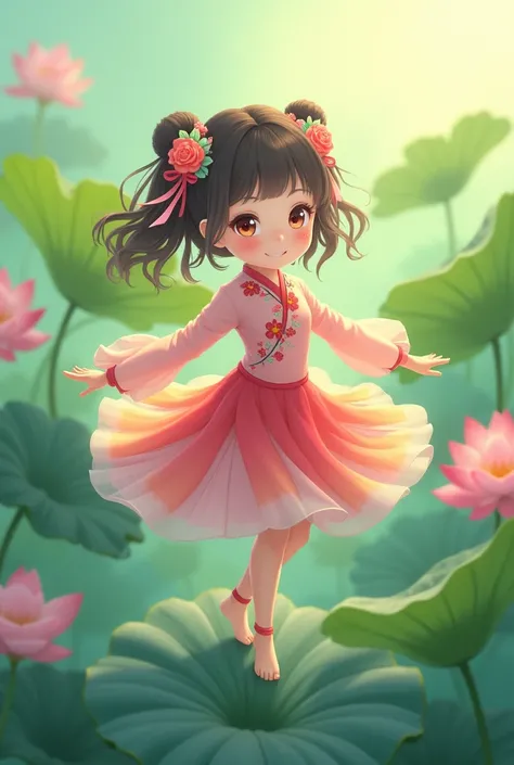 
An Asian lotus garden,Cute ancient style girl，She is dressed in cute clothes from head to toe. She has big, bright eyes.，Sweet smile。Colorful clothing，and flowing skirt。Hair accessories with flowers and ribbons，Add classic elegance。Spin barefoot in circle...