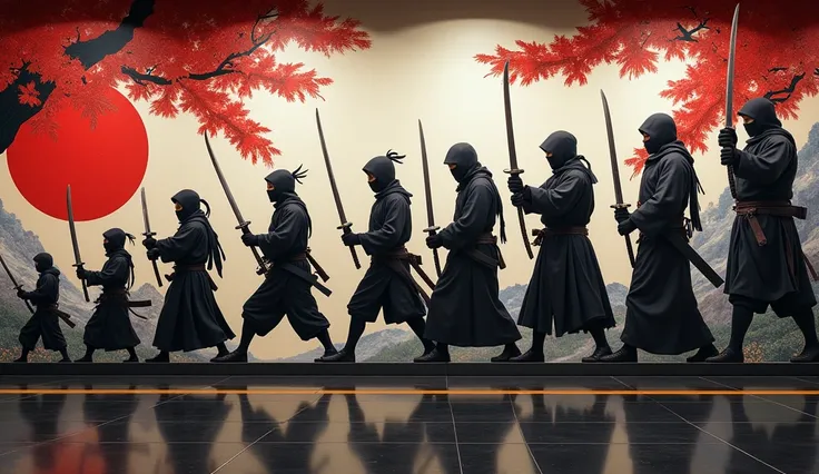 A mural depicting the evolution of ninjas, from historical warriors to legendary figures in pop culture, spanning across time with various representations, the background shows Japan’s changing landscape through different eras, the atmosphere is dynamic an...