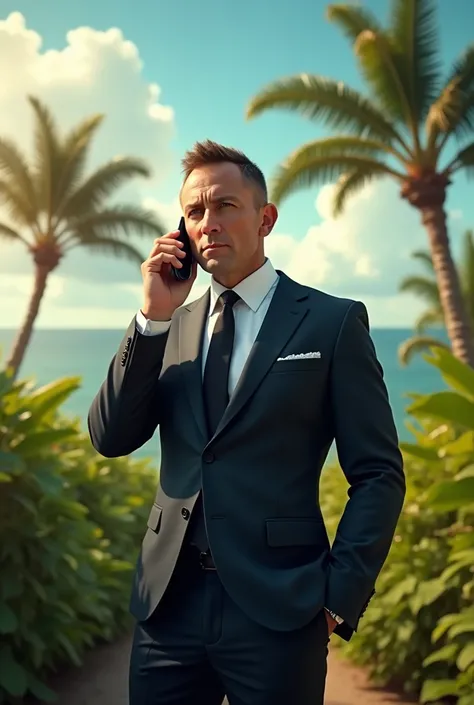 The actess James bond businessman making a phone call outdoors in a tropical country, detailed portrait, hyperrealistic, 8k, HDR, physically-based rendering, sharp focus, vivid colors, dramatic lighting, sweeping tropical landscape in the background, lush ...