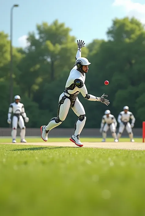 Robots playing cricket in cricket field and bumrah is Bowling