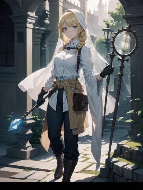 Blonde mage anime girl, with long hair and a braid on one side. She has blue eyes and is wearing a blue mages veil in the head. She is dressed in a long-sleeve white shirt, brown pants, and tall brown boots. She holds a mages staff with a crystal at the ti...