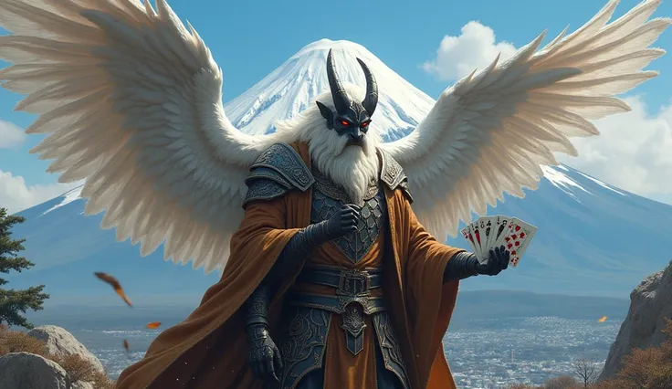 Winged god man with wings, armor a clipped wing, leather coat and playing cards. in Mt.Fuji. 