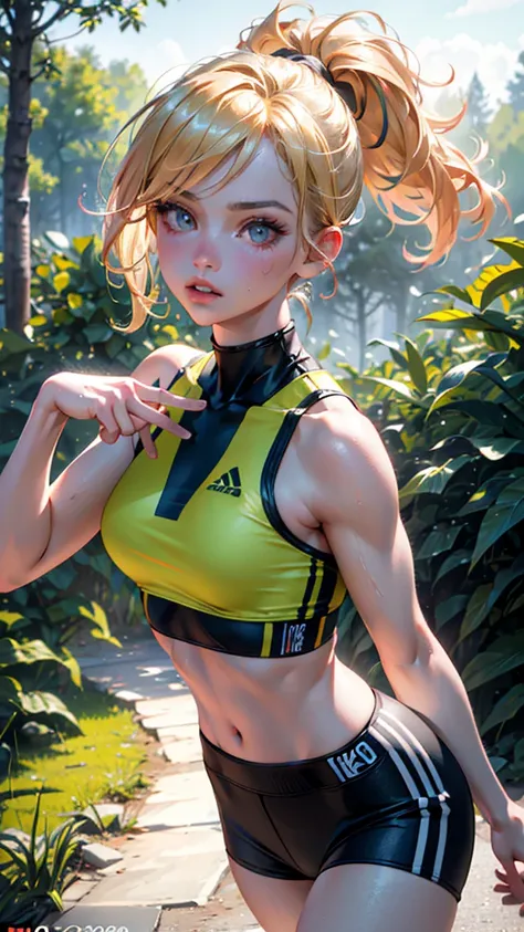 a girl in short yellow sports bra wearing a red crop jacket that is stopped at her chest, athletic,beautiful detailed eyes,beautiful detailed lips,extremely detailed face and skin,long eyelashes,athletic physique,blonde hair,ponytail,running outdoors,sunli...