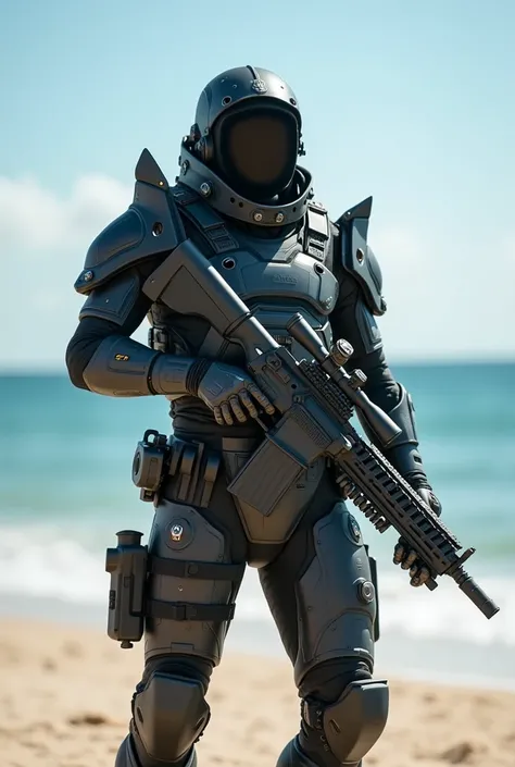 Create a scene from the pure Sniper game on the beach, At the center of the scene, a sniper with his face uncovered, seen from head to toe in a robotic naval military suit with many light indicators, shark themed rifle 