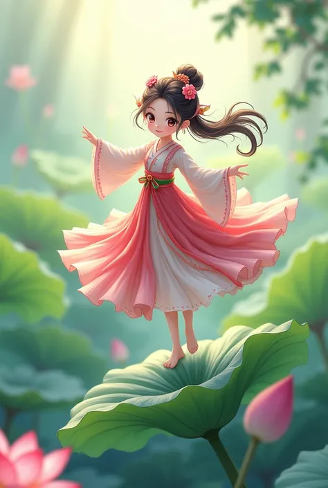 A traditional Asian lotus garden,Cute ancient style girl，She is dressed in cute clothes from head to toe. She has big, bright eyes.，Sweet smile。Colorful clothing，and flowing skirt。Hair accessories with flowers and ribbons，Add classic elegance。Spin barefoot...