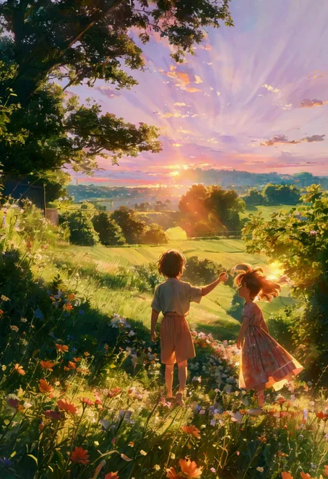 there are two people that are standing in the grass, dancing with each other, still from a music video, on a sunny day, in a sunny day, sunset, summer, fullcorlor flowers photoshoot, very magical and dreamy, lofi, childhood friend vibes, film promotional s...