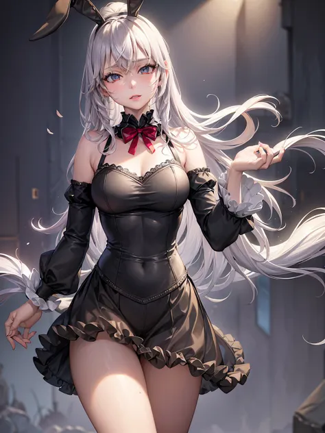 a beautiful young girl in a black bunny costume with bunny ears in a mini skirt posing with a red thin ribbon in her silver hair, detailed facial features, beautiful detailed eyes, beautiful detailed lips, extremely detailed eyes and face, long eyelashes, ...