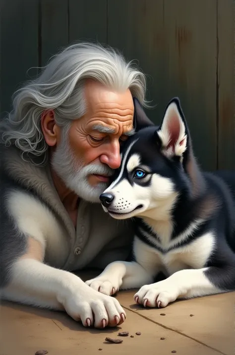 Painting of an old husky dog, that lay on the ground, Your partner, a bright-eyed female husky, snuggles up to him. The breeding, a small husky with black and white fur and eyes of different colors , lying next to her father, looking at him with sad eyes.