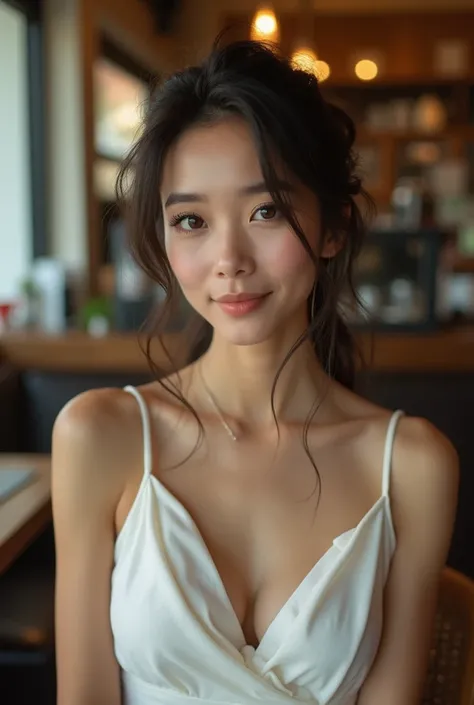 Hyper realistic and detailed photo of one 25 yo woman with a faint coy smile beautiful in a cotton white dress sitting at a coffee shop. small breasts, Sharp light. perfect eyes, (Eye makeup:1.1), perfect hands, (highly detailed skin:1.1), RAW, analog styl...