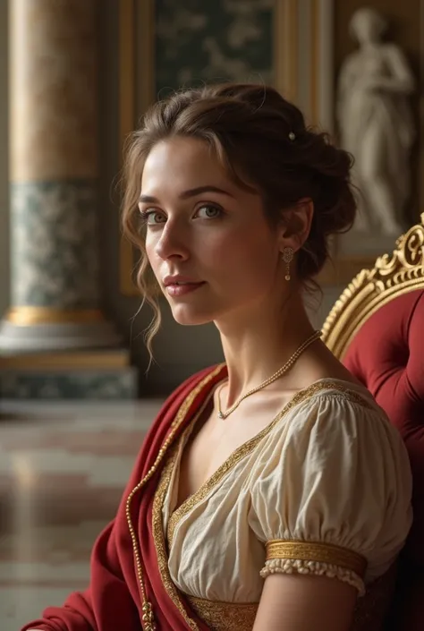 A 2 woman with light brown, slightly curly hair tied in an elegant bun, adorned with a few small pearls. She is a beautiful woman from the time of ancient Rome. Her clothes are those of a woman who was a noblewoman, in the times of the Roman Empire. She is...