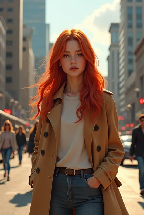 A girl with long red hair, standing on the streets of the city during the day, ultra high res photorealistic:. 1.4,UHD