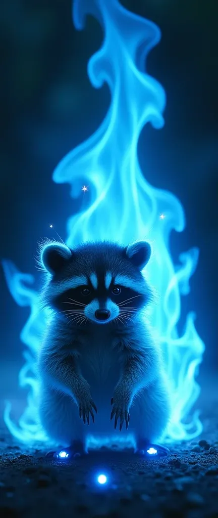 A captivating supernatural photograph of a cute extra fluffy baby raccoon in a massive blue flame. The flame is reminiscent of soul or spirit fire, burning brilliantly against a dark, enigmatic void. The raccoon flame exudes an ethereal, otherworldly prese...