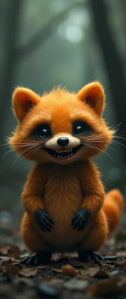 A photo of a cute, extra fluffy baby raccoon with a half-orange round shape, designed as a seed monster. The raccoon has large, expressive eyes and a wide, carnivorous smile. The background is dimly lit and has a mysterious and ominous atmosphere. The imag...