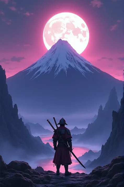 Big mountain,big moon behind, a tiny samurai, standing, watching moon ,two katanas on the samurai back, purple and black sky 