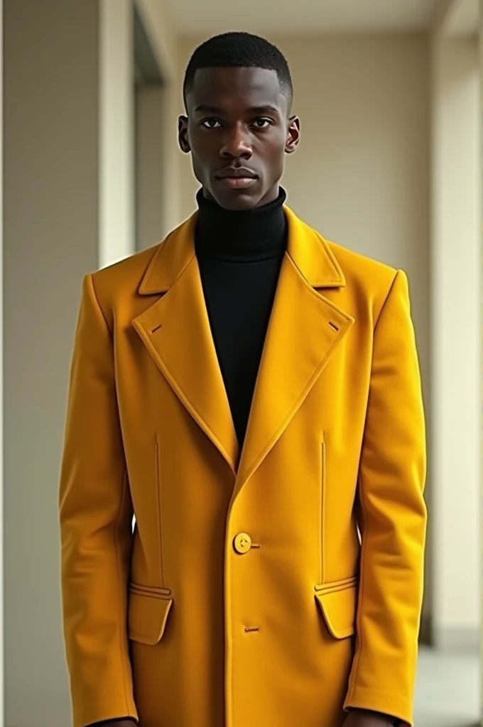  short haired black man with yellow coat standing