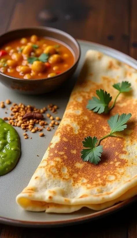 Dosa with Sambar - A crispy, thin rice crepe served with a tangy lentil stew (sambar) and coconut chutney.