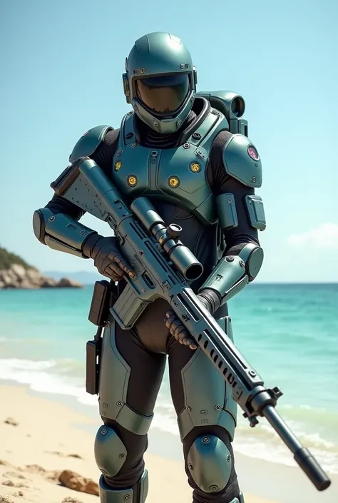 Create a scene from the pure Sniper game on the beach, At the center of the scene is a Marvel superhero-type sniper in a robotic naval military suit with many light indicators, uncovered face that can be seen from head to toe, shark themed rifle 