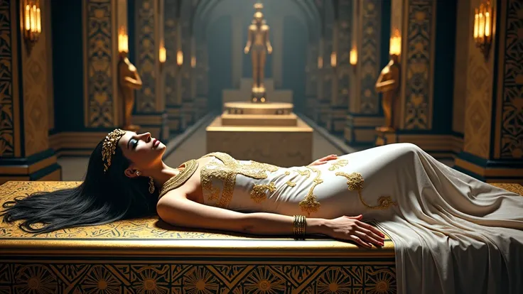 A captivating full-length cinematic scene of the burial ceremony, A beautiful Egyptian woman of Greek descent, her name is Cleopatra ,white dress of fine linen embroidered in gold with intricate details reminiscent of the goddess Isis, gold bracelet, dark ...