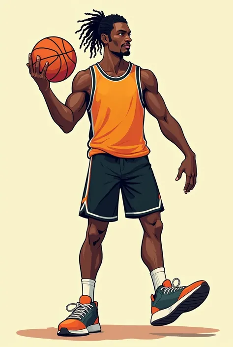 A tall thin black man with braids in his hair wearing a basketball tank top and black shorts holding a ball physical education teacher comic book style with no people in the background