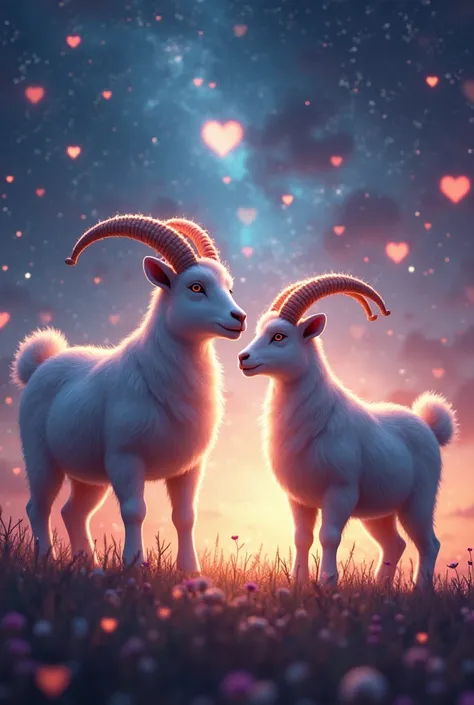 Make a goat and a goat living in the galaxy with hearts around them