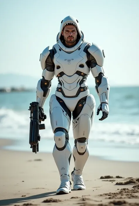 Create a scene from the pure Sniper game on the beach, At the center of the scene is a Marvel superhero-type sniper in a white robotic shark suit with many light indicators, uncovered face that can be seen from head to toe