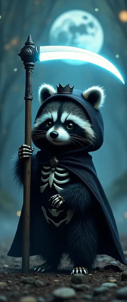 A whimsical and dark fantasy photograph of a cute, extra fluffy baby raccoon dressed as the celestial god of death. The raccoon wears a black outfit with a hood and has a skeletal face with large, expressive eyes. It holds a scythe that emits a ghostly neo...