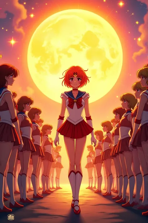 A Sailor is born on earth, no mundo de Sailor Moon, the war that had been dormant for millennia is born, ela é a Sailor Sun, the sailor who came from the Sun. All the sailors gather to greet her.
She has short, shoulder-length hair in a natural red tone.