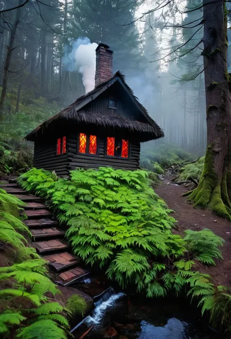 Scary Witch Hut, with stained glass window, with smoke coming out of the chimney, in a dark forest with a stream nearby on the right