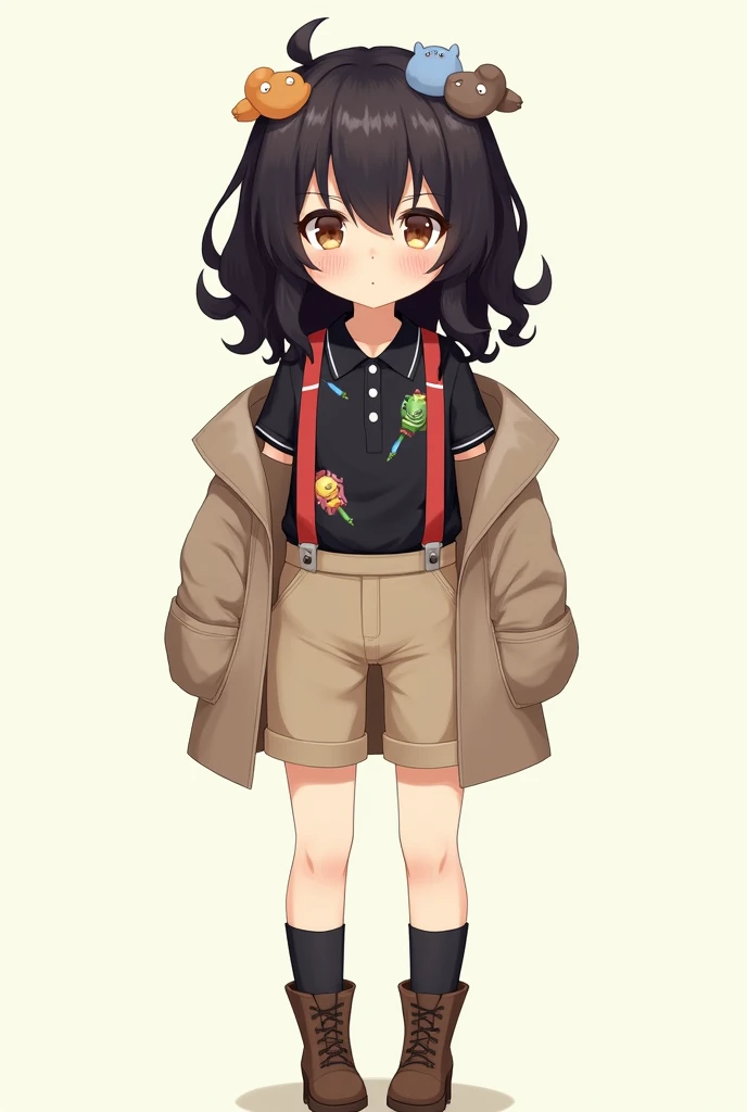 1 , Alone, light brown eyes, Long hair, Black hair, Bangs between the eyes, curly hair, breasts, toys, Covering the ears, Blush, Polo shirt/black social with colorful designs, Light brown shorts, Red suspenders, knee-high sock, boot, Overcoat with pockets