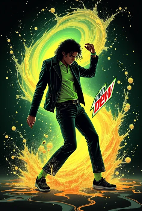 a mountain dew poster with graphic figure of the Michael jackson pose with drink splashes swirl tornado around him, caption slogan  on side
