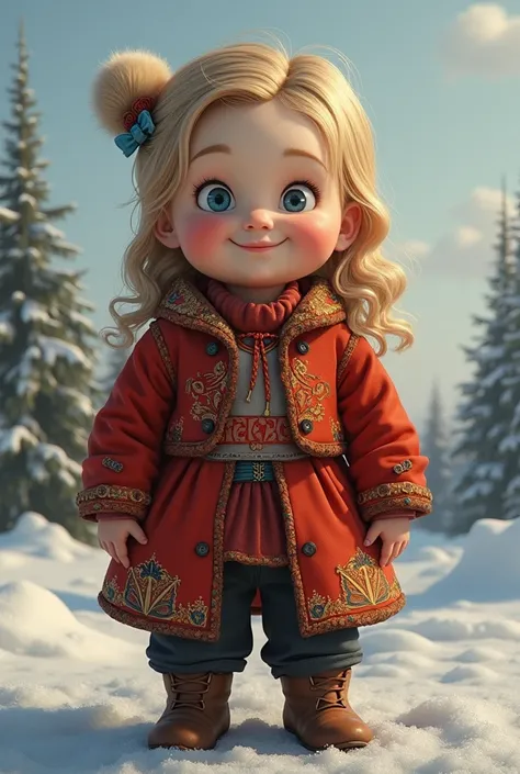 Chubby  girl from Siberia in a traditional Soviet Union costume, short with blond hair, blue eyes, quite friendly, smiling, with slightly slanted eyes, not much, and analytical eyes.