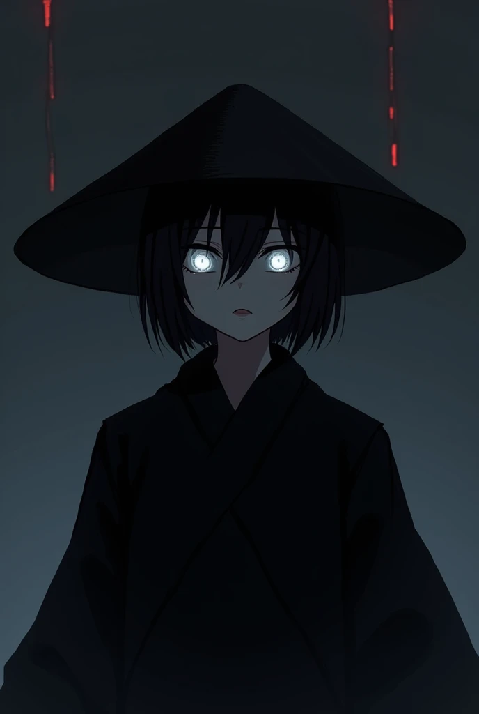 Anime Man with a kasa and and grey eyes with pure black outfit, and half of his face is visible with glowing Grey eyes faintly 