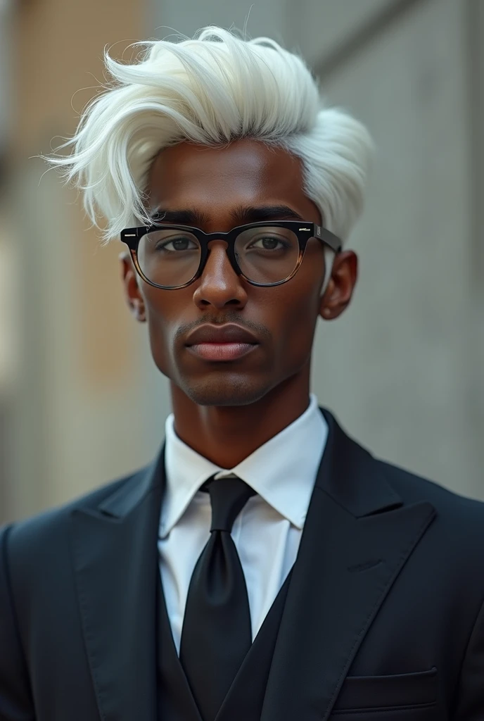 One young man、Brown skin、white hair、Glasses、suit