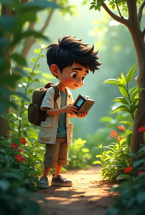 Viñeta 4: Scene: Juanito places a light meter in various areas of the garden.

Storyteller: Juanito controls the variables: the amount of water and the type of plant are constant. Only the sunlight changes.



